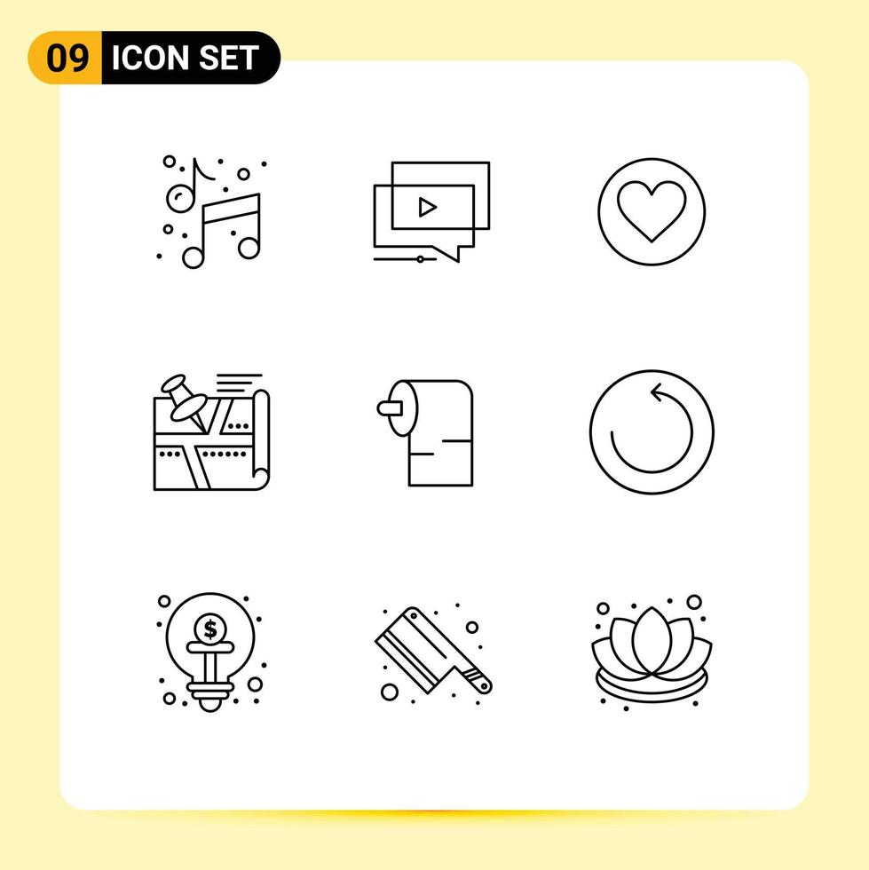Pictogram Set of 9 Simple Outlines of map position presentation route cack Editable Vector Design Elements