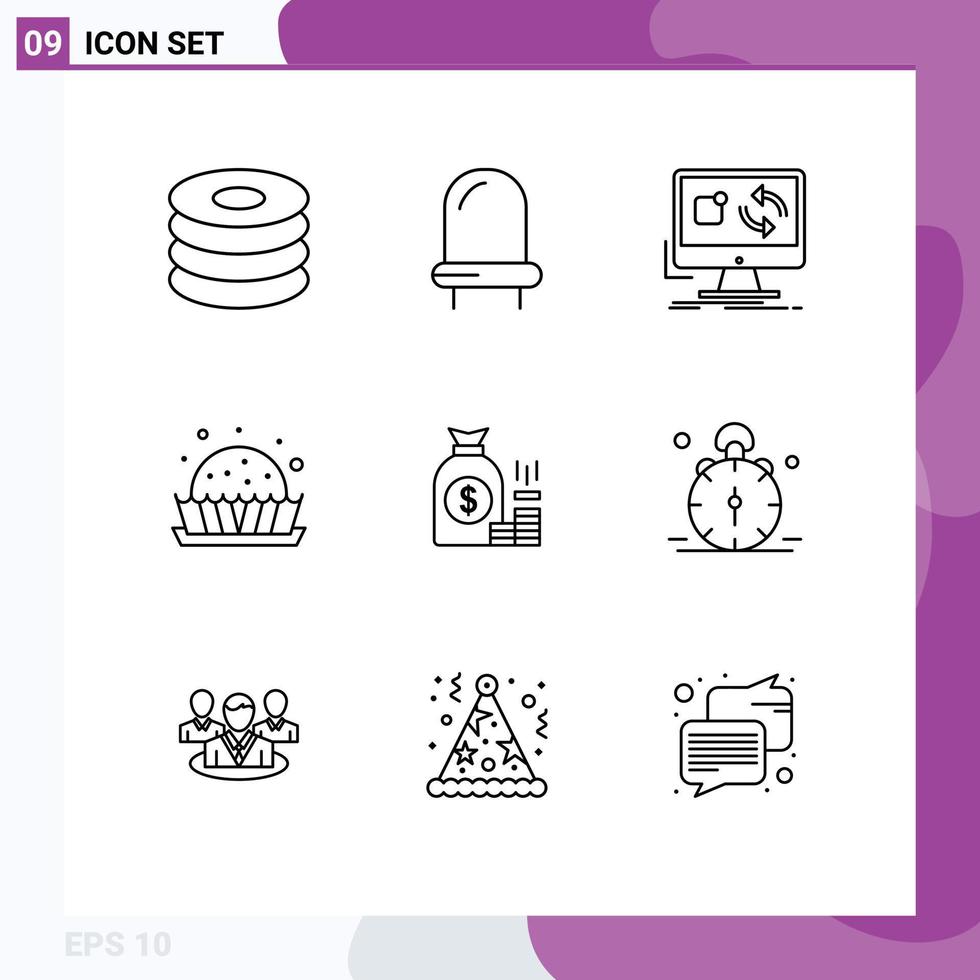 9 User Interface Outline Pack of modern Signs and Symbols of bag sweets app pie dessert Editable Vector Design Elements