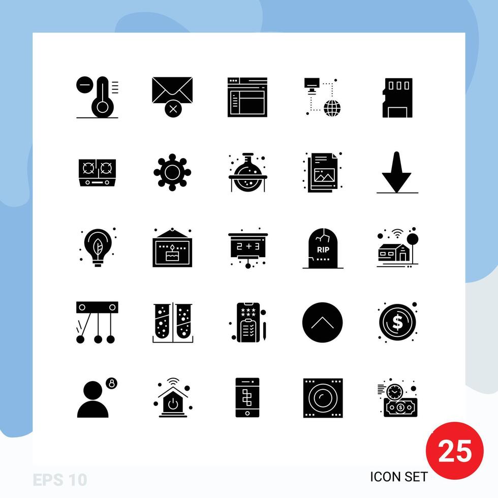 Group of 25 Modern Solid Glyphs Set for sd memory web card computer Editable Vector Design Elements