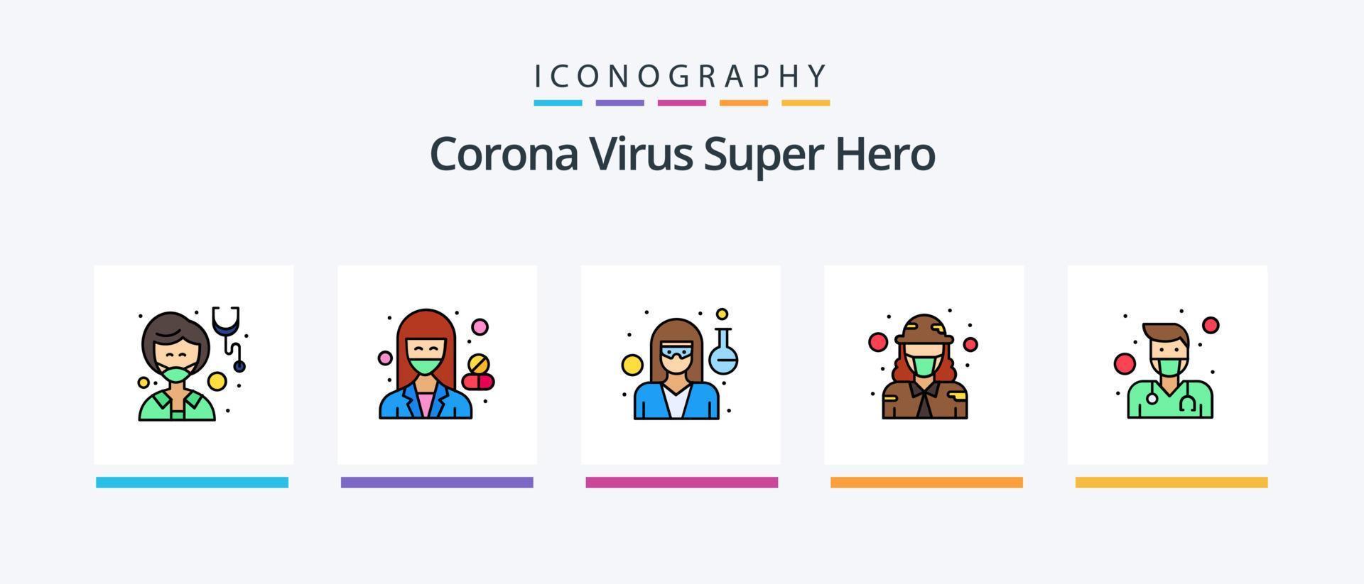 corona virus súper héroe línea lleno 5 5 icono paquete incluso femenino. seguridad. avatar. policía. mujer. creativo íconos diseño vector