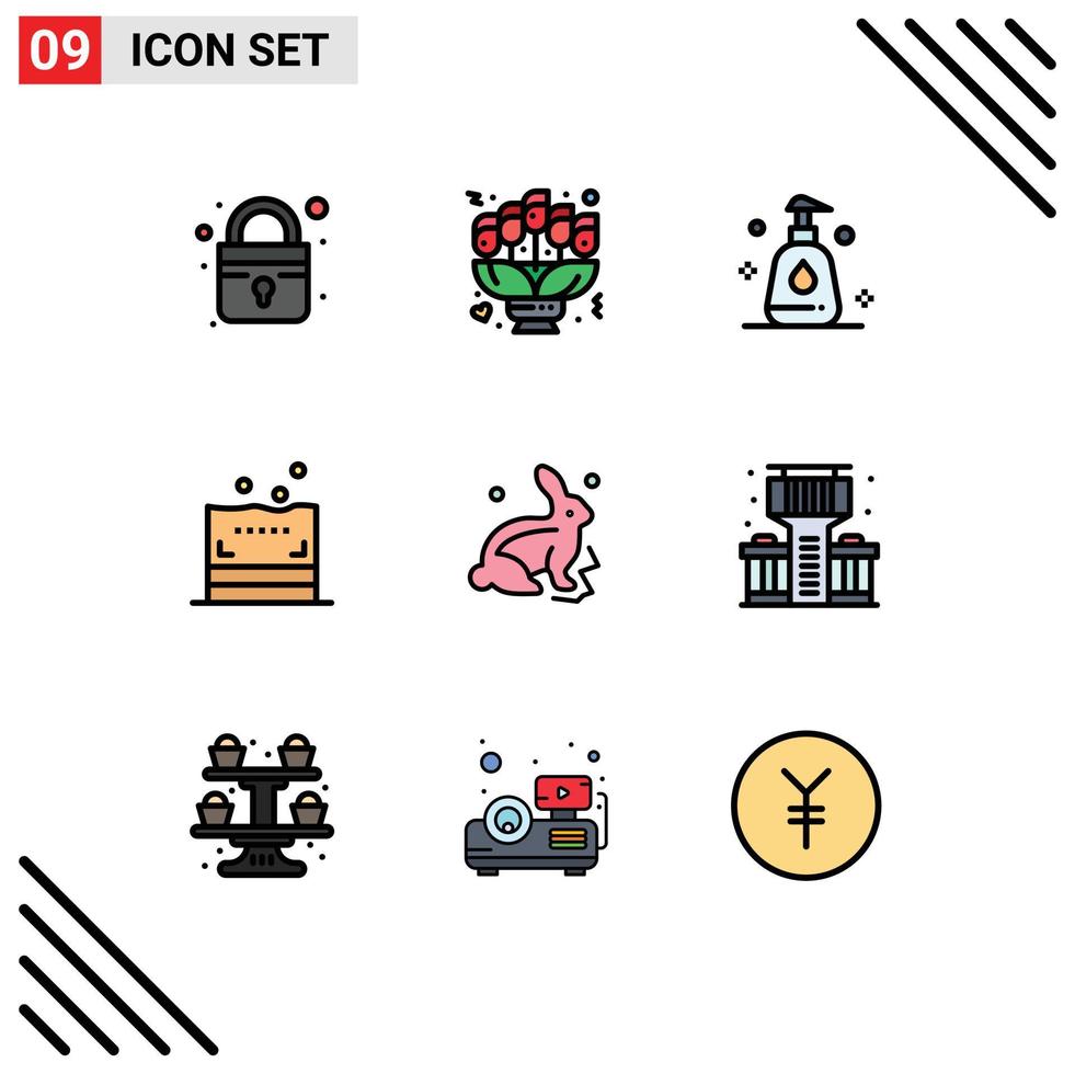 Modern Set of 9 Filledline Flat Colors Pictograph of nature robbit cleaning bunny bath Editable Vector Design Elements