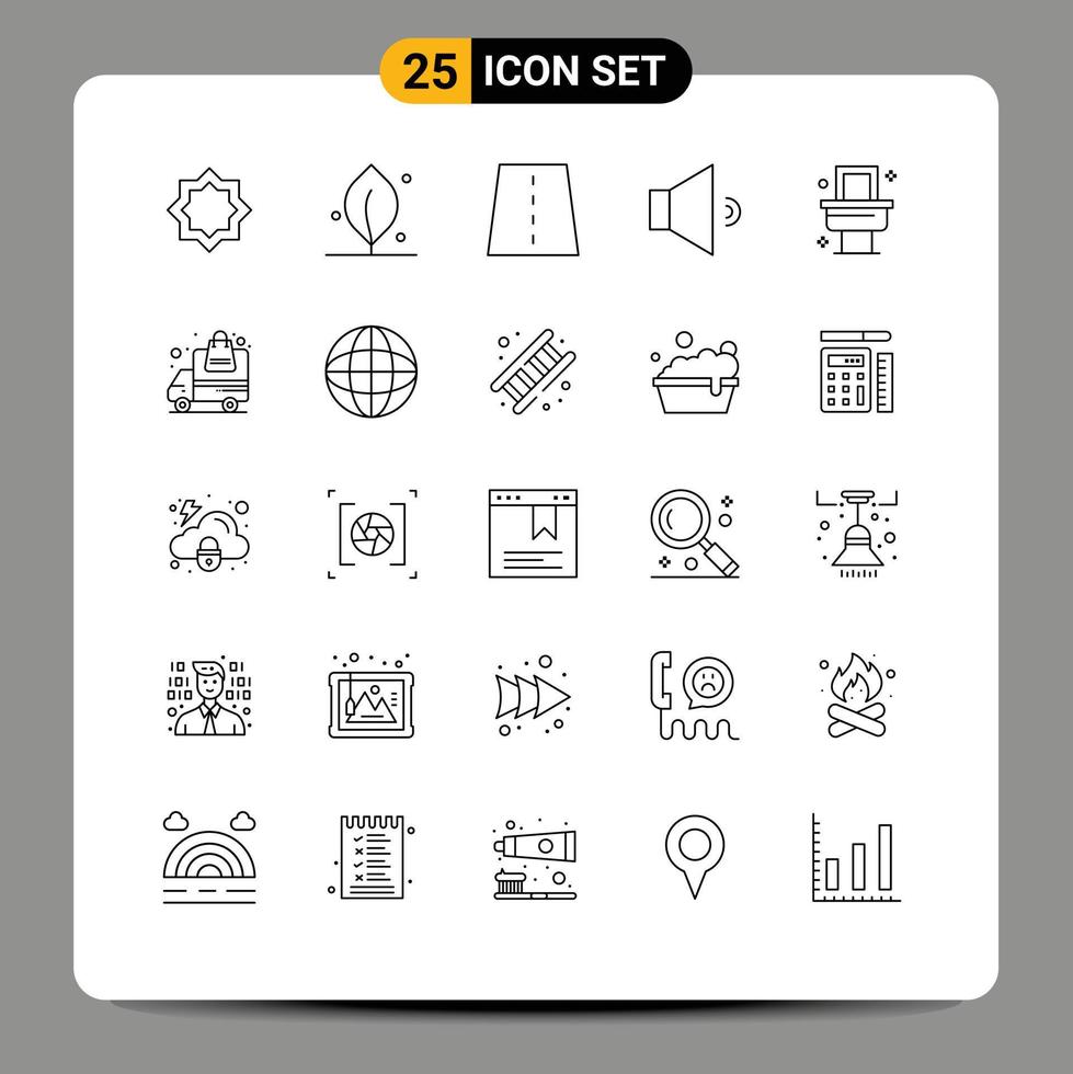 Universal Icon Symbols Group of 25 Modern Lines of bath volume bridge speaker highway Editable Vector Design Elements