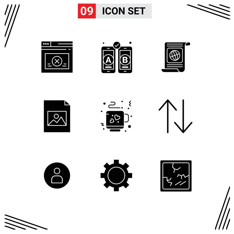 Group of 9 Modern Solid Glyphs Set for tea coffee objectives image document Editable Vector Design Elements