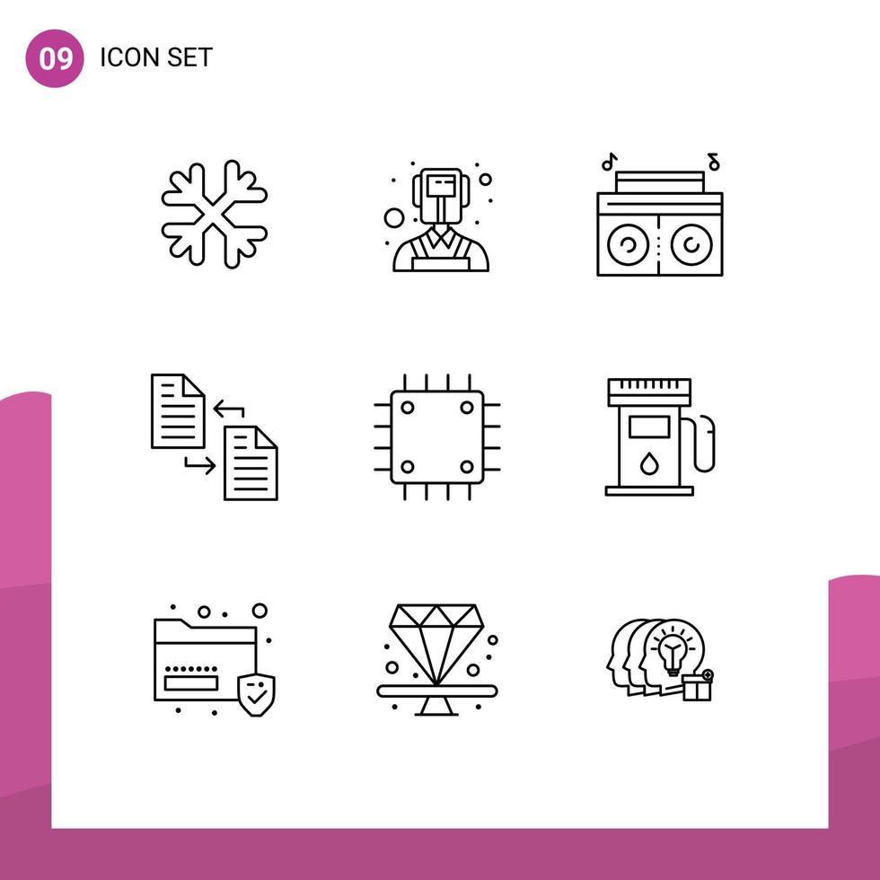 Modern Set of 9 Outlines Pictograph of devices chipset player transfer file Editable Vector Design Elements
