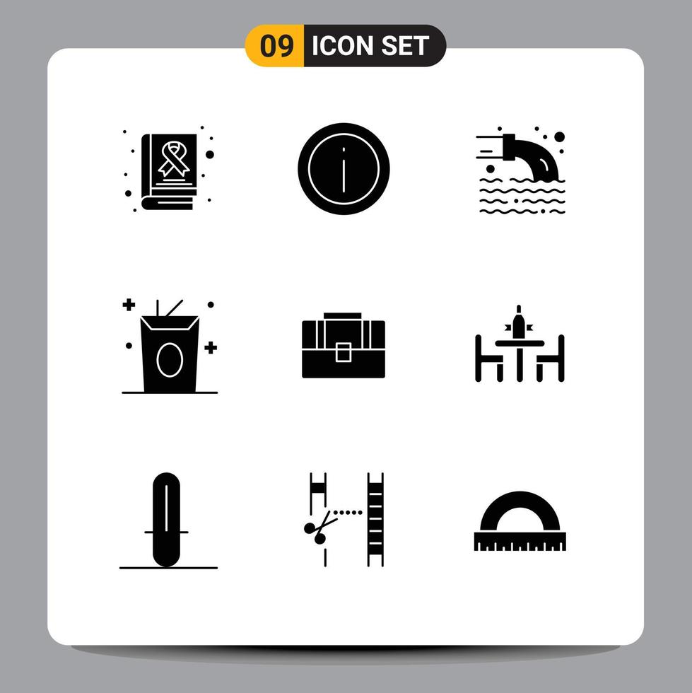 9 Universal Solid Glyphs Set for Web and Mobile Applications bag food support drinks sewage Editable Vector Design Elements