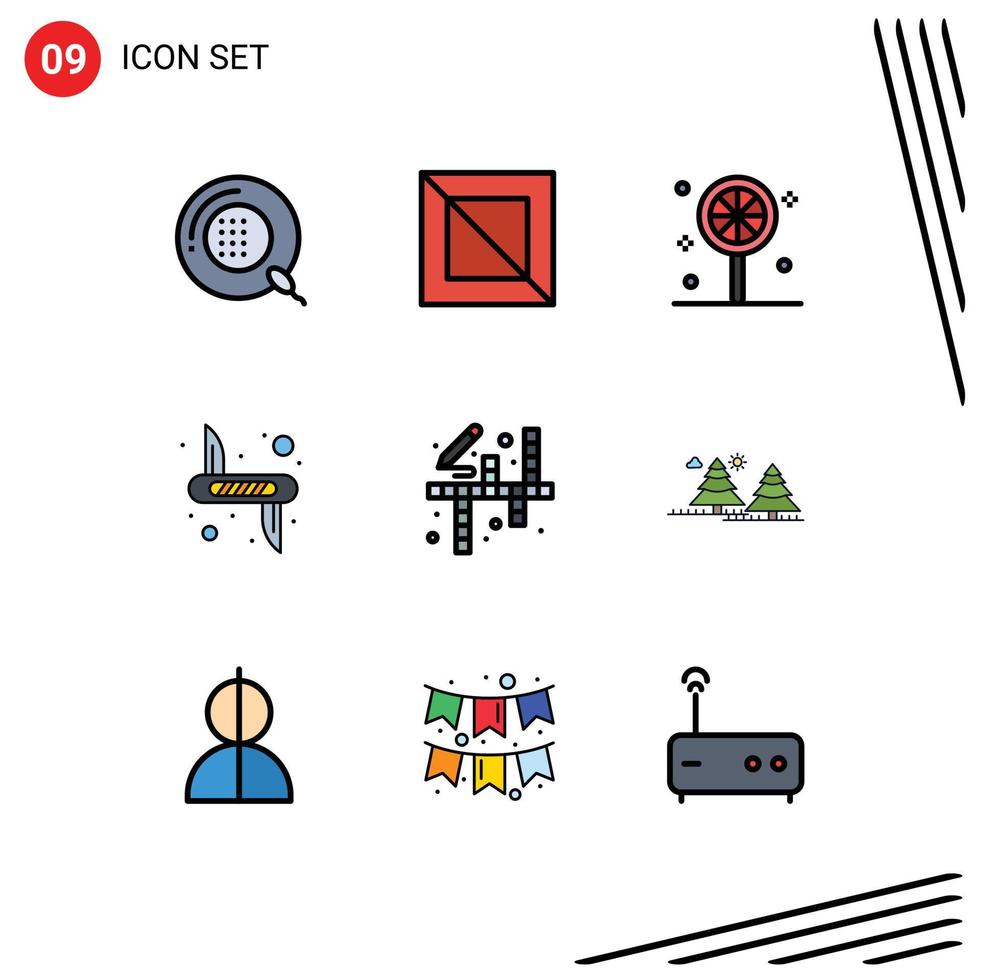 Mobile Interface Filledline Flat Color Set of 9 Pictograms of art safety candy army victorinox Editable Vector Design Elements