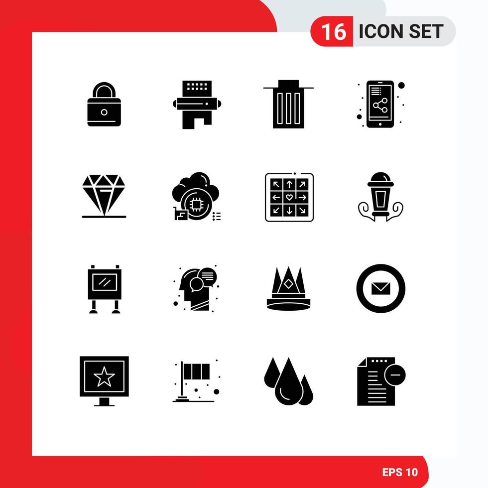 Set of 16 Modern UI Icons Symbols Signs for rich diamond delete share mobile share Editable Vector Design Elements