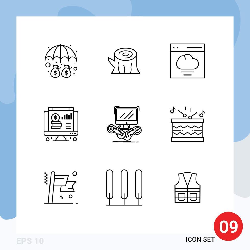 Editable Vector Line Pack of 9 Simple Outlines of gaming chart cloud web dollar Editable Vector Design Elements