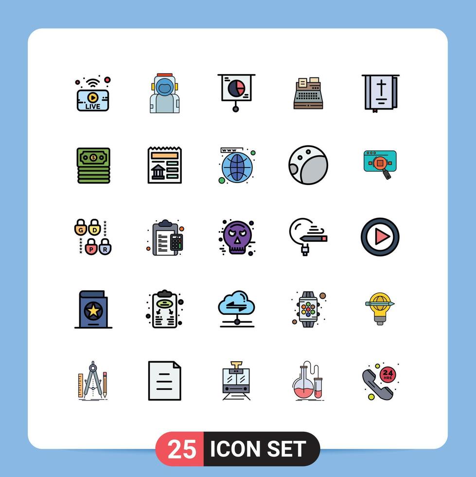 Mobile Interface Filled line Flat Color Set of 25 Pictograms of shopping print suit fax pie Editable Vector Design Elements