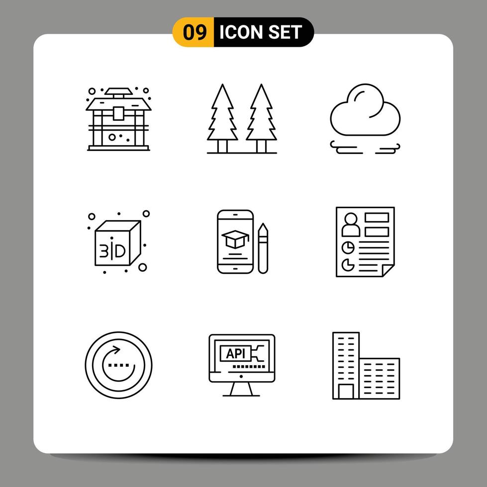 9 Universal Outlines Set for Web and Mobile Applications pencil graduation wind education cube Editable Vector Design Elements