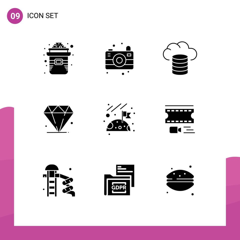 Set of 9 Modern UI Icons Symbols Signs for film space cloud moon mardi gras Editable Vector Design Elements
