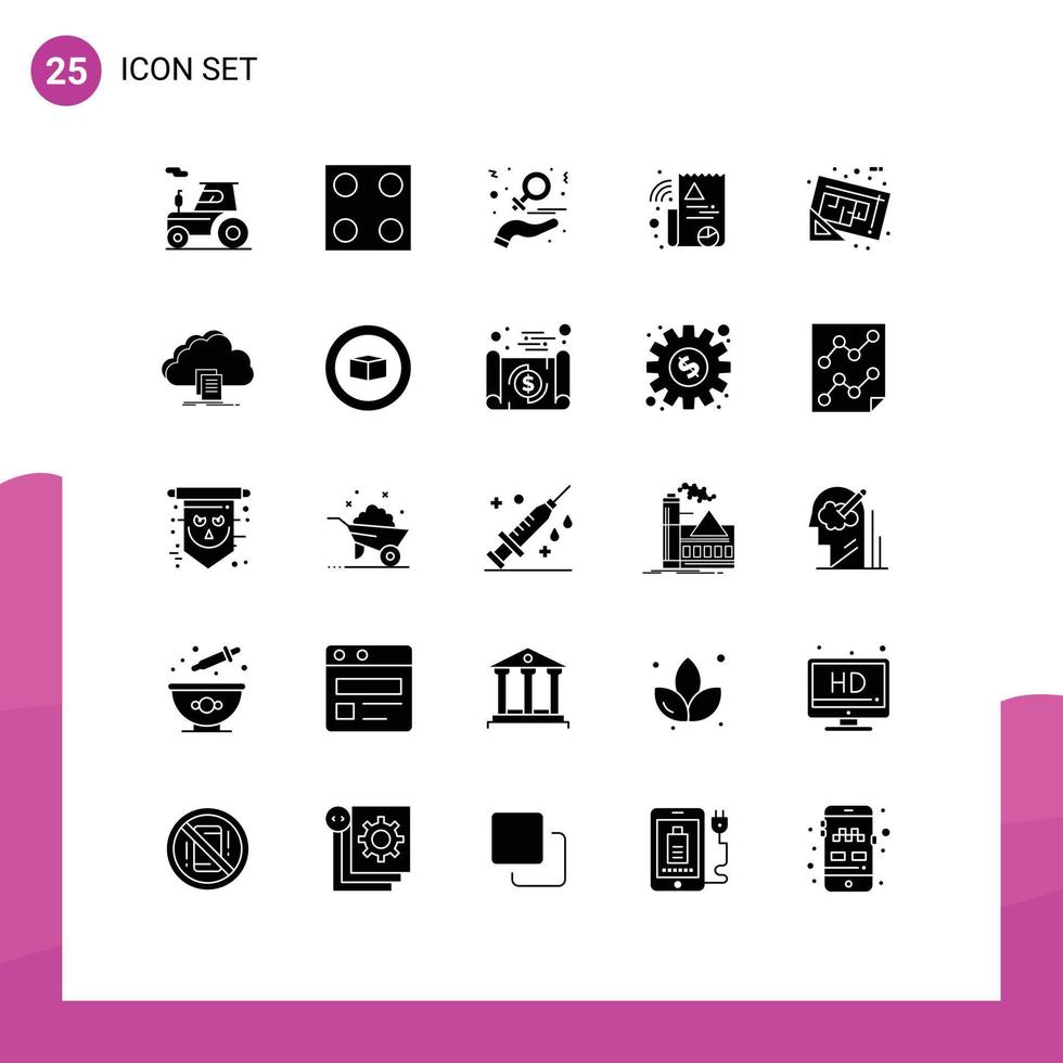 Universal Icon Symbols Group of 25 Modern Solid Glyphs of map blueprint day file digital Editable Vector Design Elements