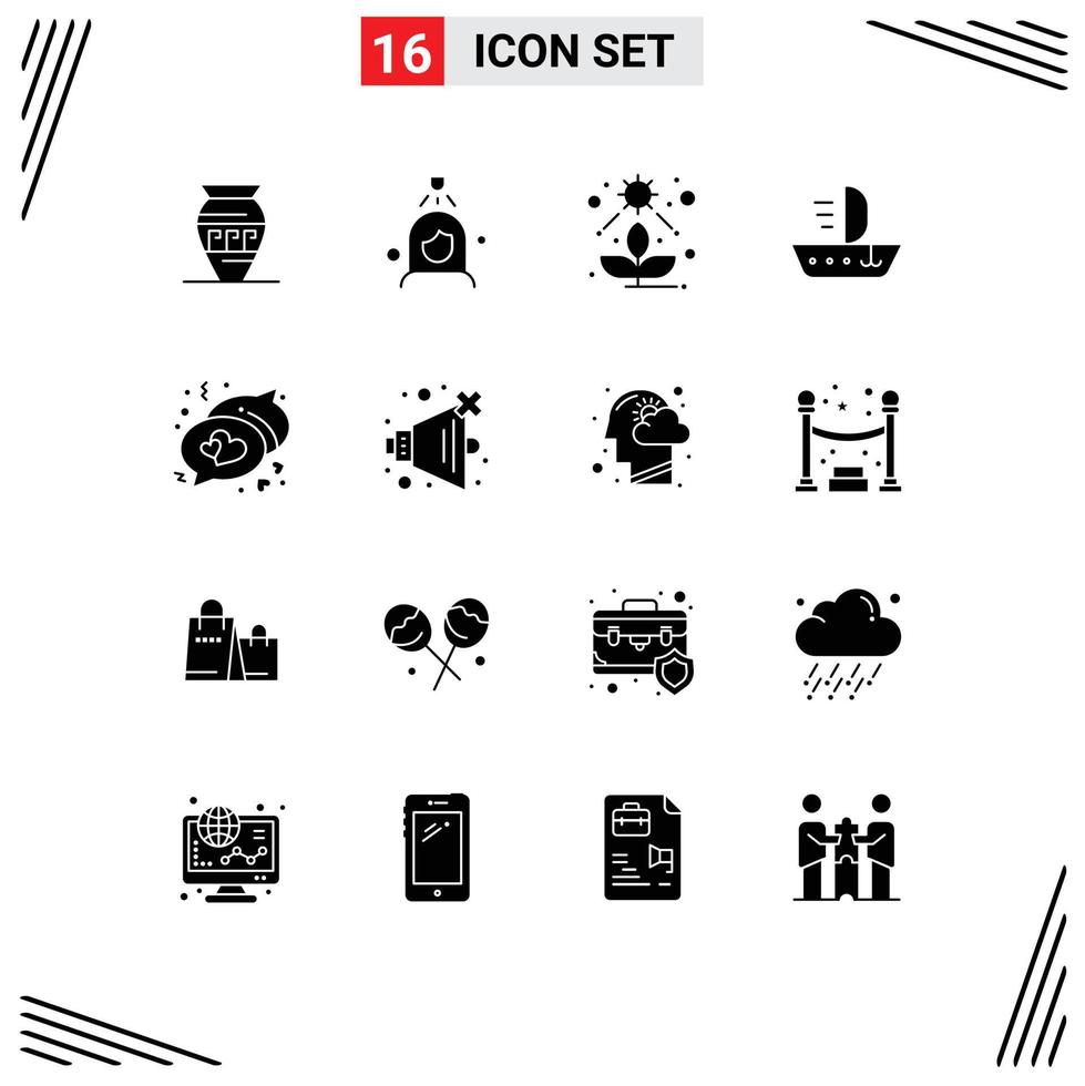 Pack of 16 Modern Solid Glyphs Signs and Symbols for Web Print Media such as chat skiff cleaning ship succulent Editable Vector Design Elements