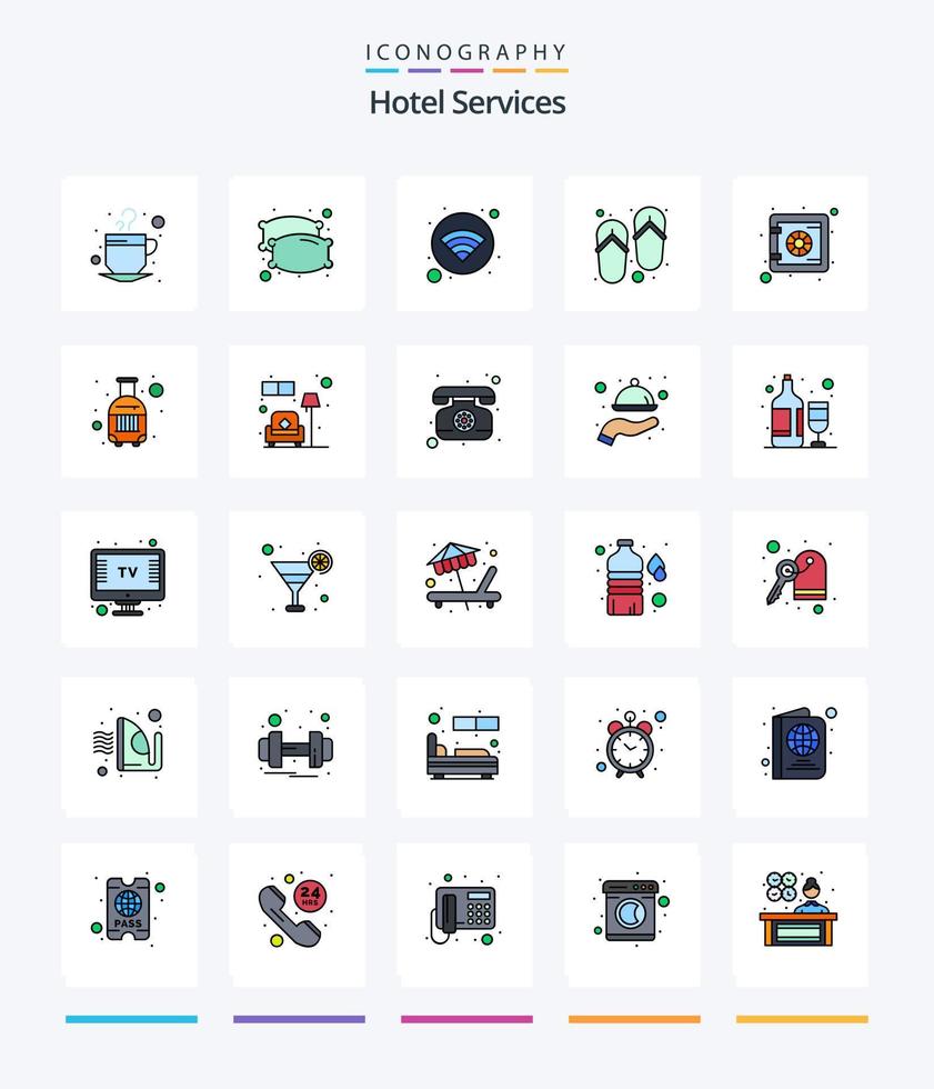 Creative Hotel Services 25 Line FIlled icon pack  Such As safe. comfort. free. wellness. slippers vector