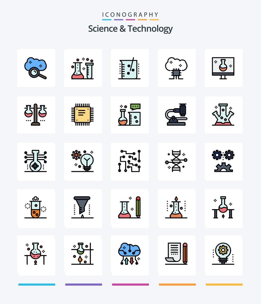 Creative Science And Technology 25 Line FIlled icon pack  Such As eco testing. biology. chemical lab. cloud software. cloud networking vector