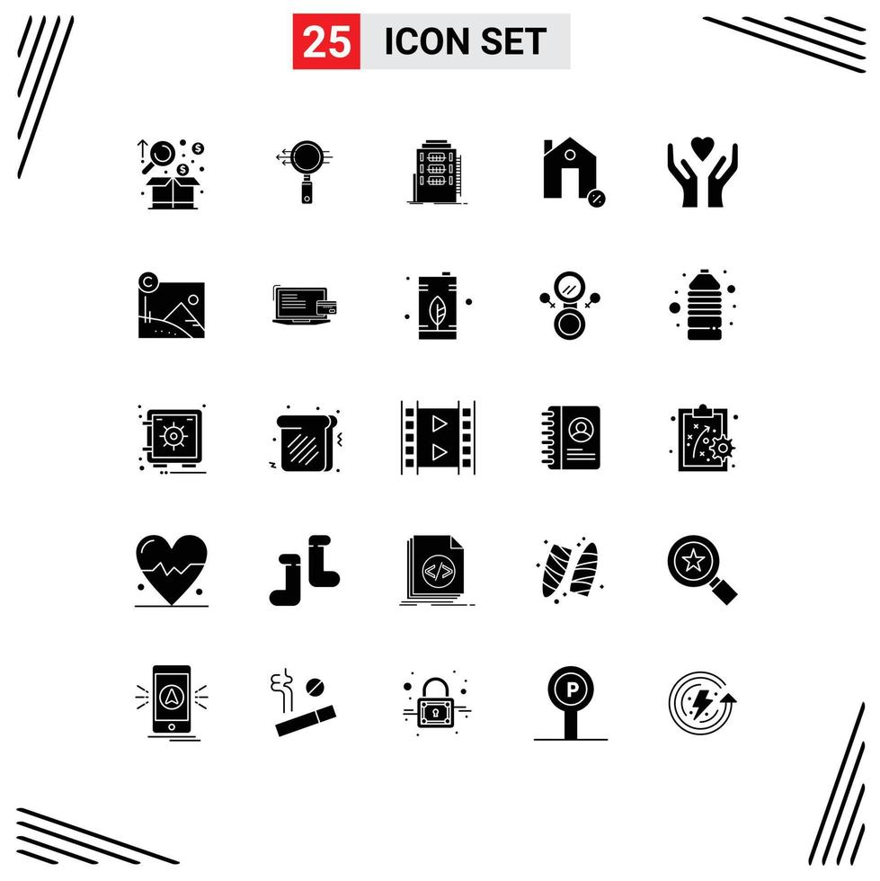 Pictogram Set of 25 Simple Solid Glyphs of house discount zoom buildings hostel Editable Vector Design Elements