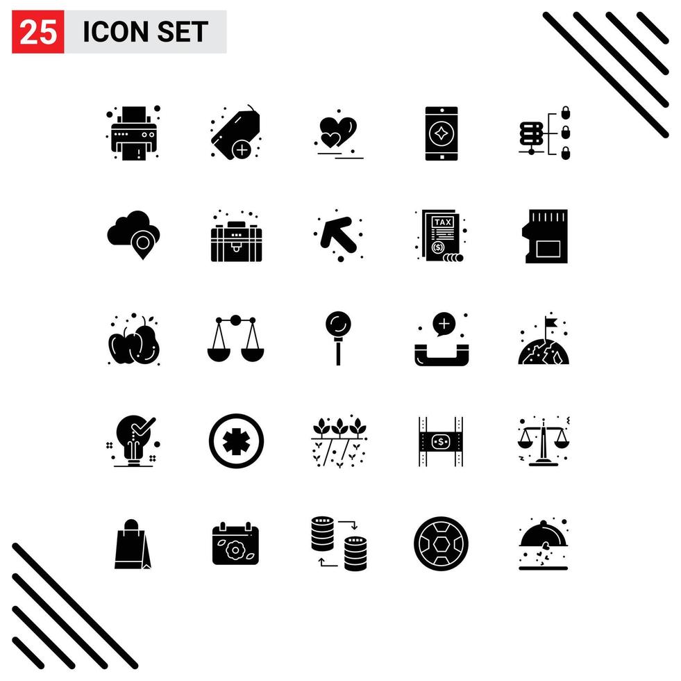 Set of 25 Vector Solid Glyphs on Grid for map security couple secure web server mobile application Editable Vector Design Elements