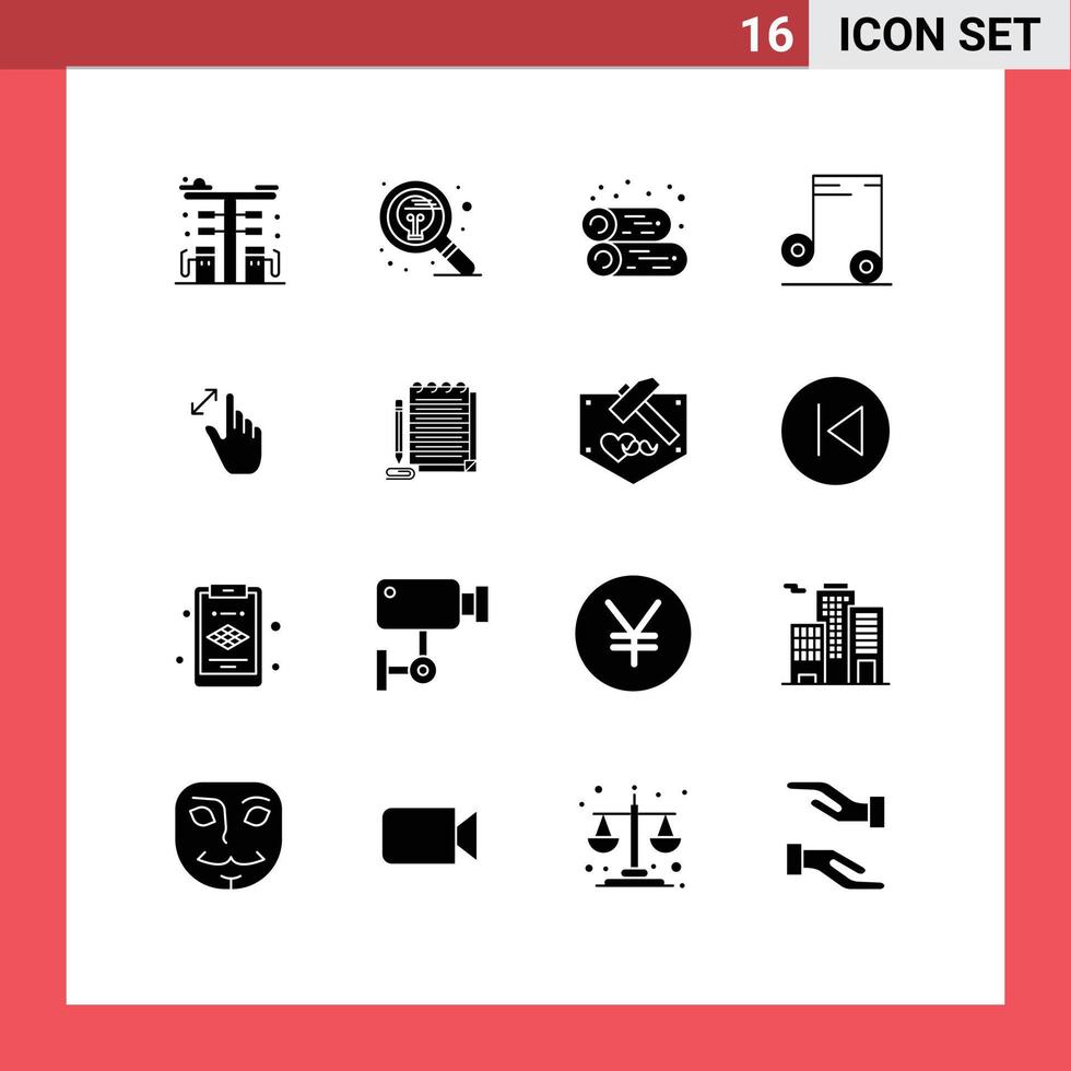 16 Thematic Vector Solid Glyphs and Editable Symbols of expand audio search music fireplace Editable Vector Design Elements