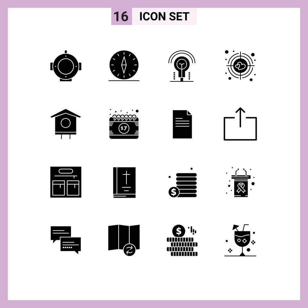 Group of 16 Modern Solid Glyphs Set for bird house house bulb target aim Editable Vector Design Elements