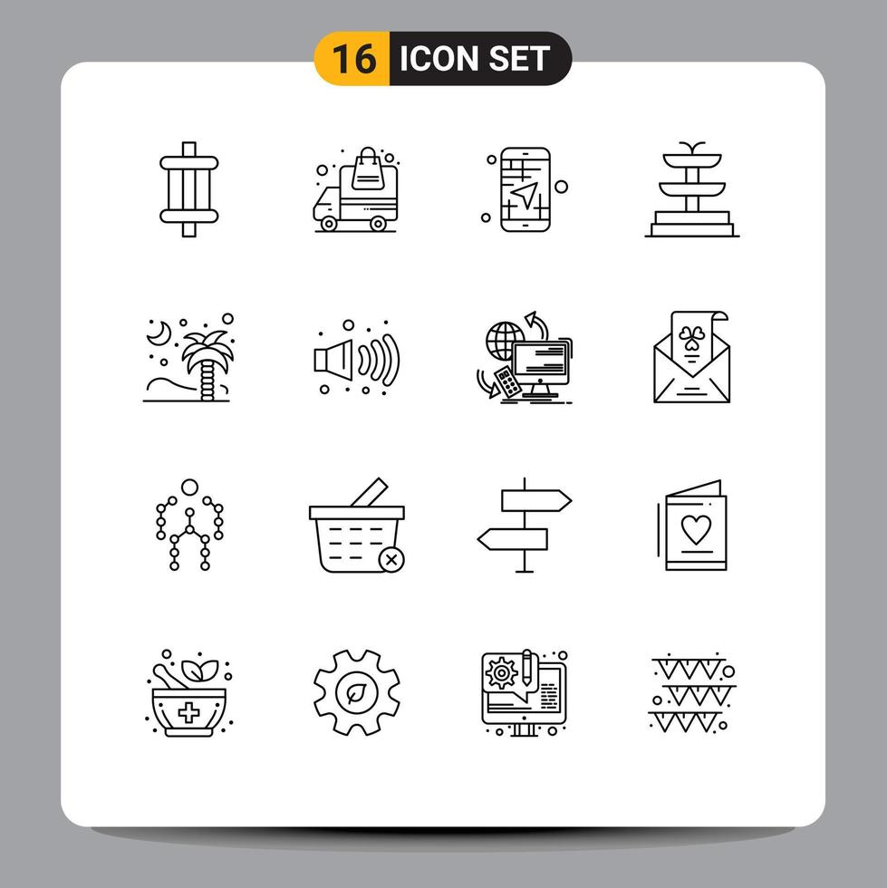 Pictogram Set of 16 Simple Outlines of nature palm mobile water travel Editable Vector Design Elements