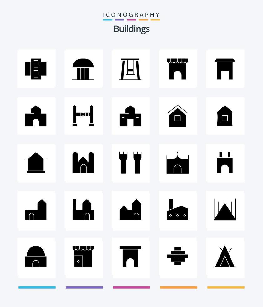 Creative Buildings 25 Glyph Solid Black icon pack  Such As architecture. marketplace. court of law. institute building. swing vector