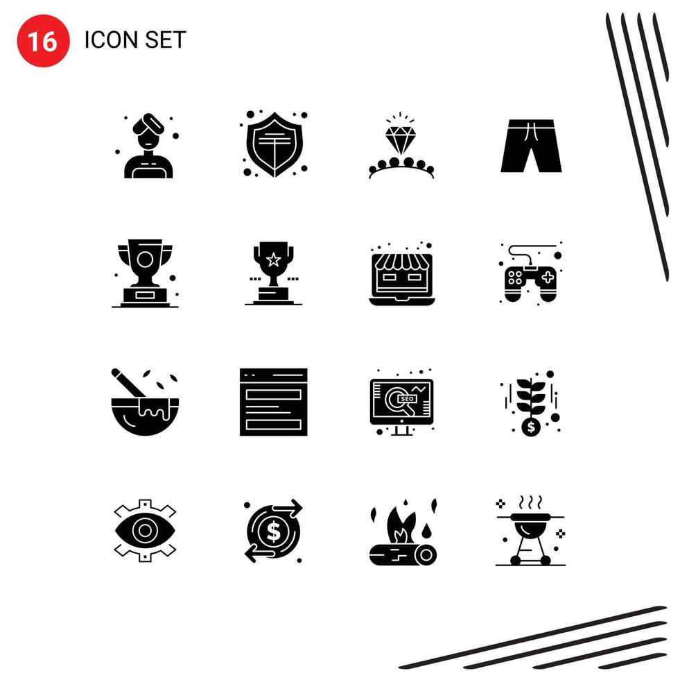 Set of 16 Commercial Solid Glyphs pack for prize award heart trophy clothing Editable Vector Design Elements