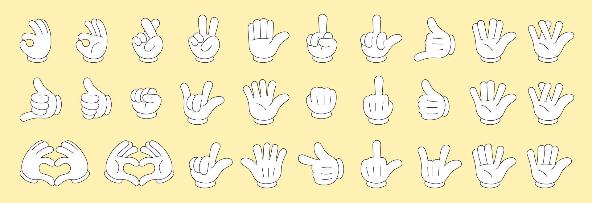 Retro groovy style hands set. Cartoon hippie hand collection. Vintage hippy various palm sticker pack. Showing gestures victory, shaka, ok, rock and love. Abstract trendy y2k vector eps illustration