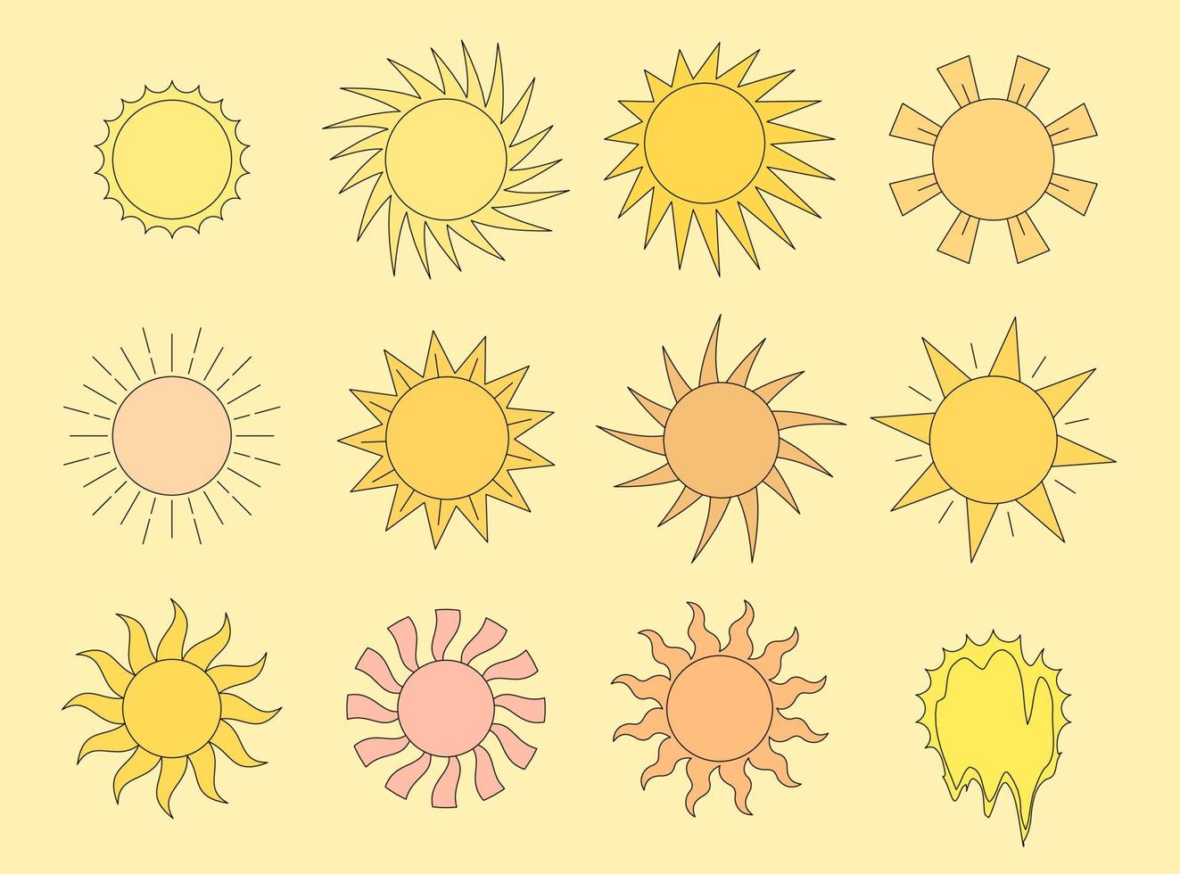 Retro groovy style shiny sun set. Psychedelic hippie old sol collection. Abstract vintage hippy various bright sticker pack. Trendy y2k pop culture or boho design vector eps elements