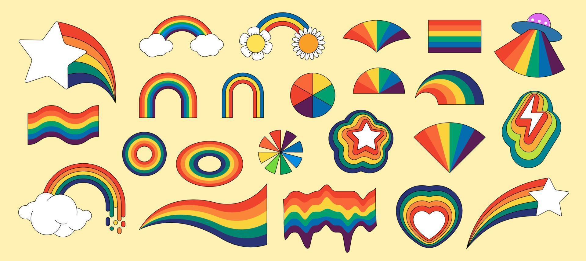 Retro groovy rainbow hipster set. Psychedelic hippie rainbows collection. Vintage hippy style crazy various abstract iridescent arch. Trendy pop culture colorful bright design elements. Vector eps