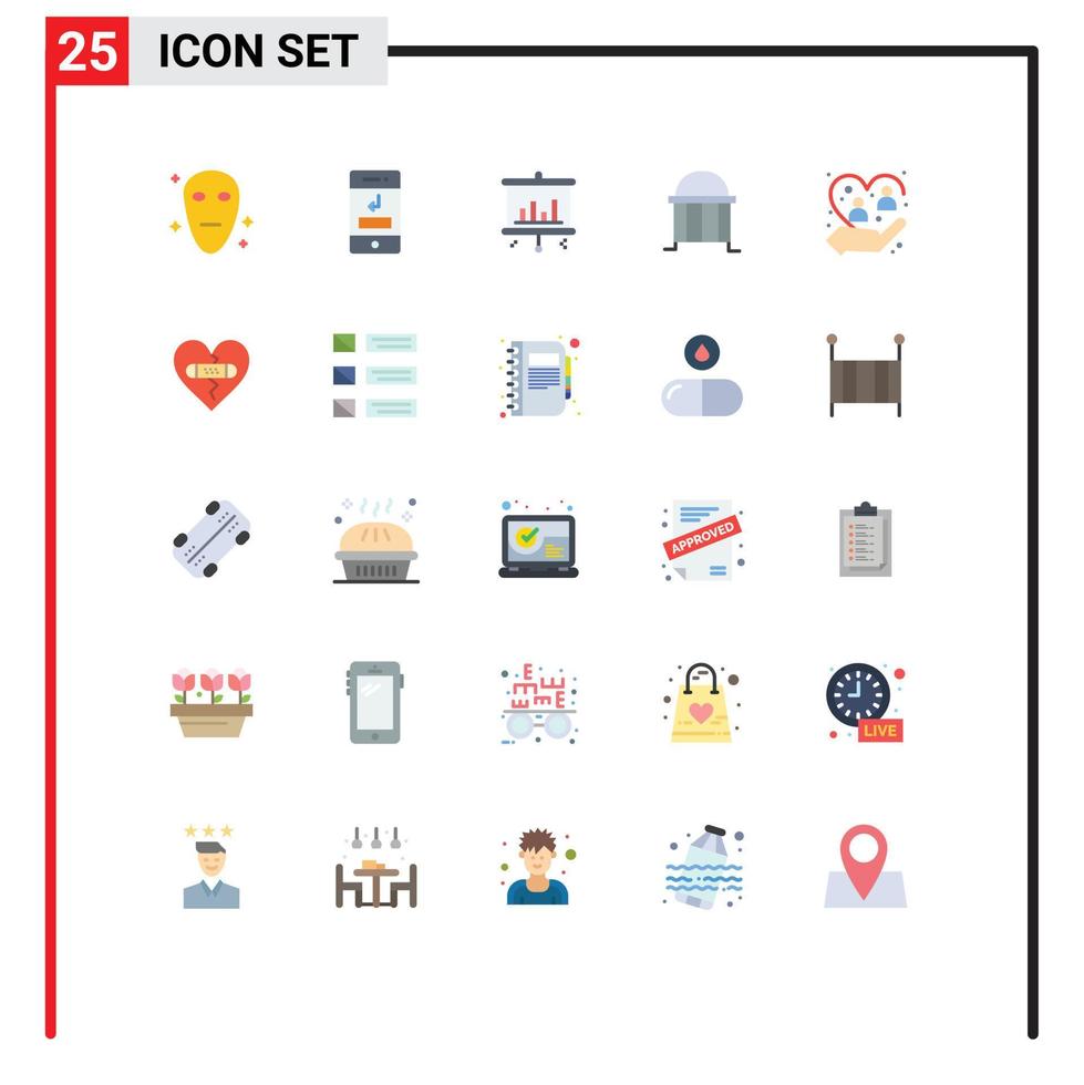 Mobile Interface Flat Color Set of 25 Pictograms of caring institute bar column bank Editable Vector Design Elements