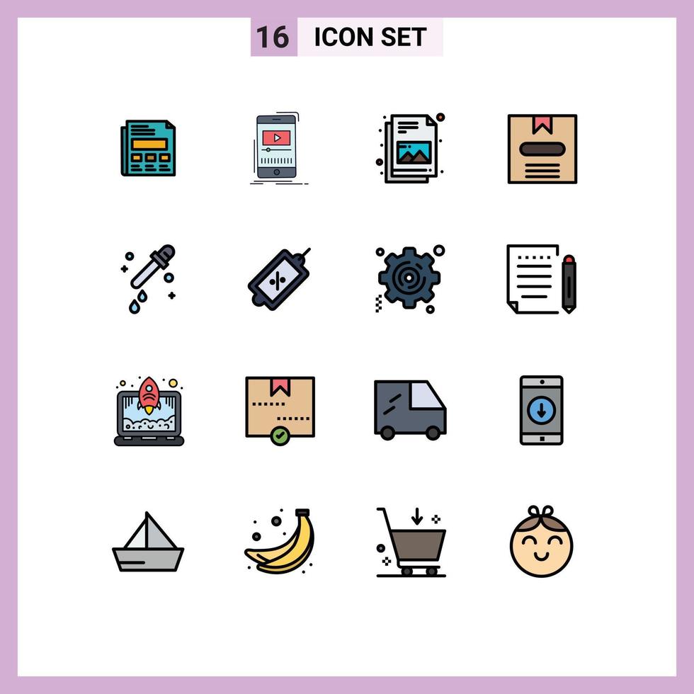 16 Universal Flat Color Filled Line Signs Symbols of pipette hide mobile e box Editable Creative Vector Design Elements
