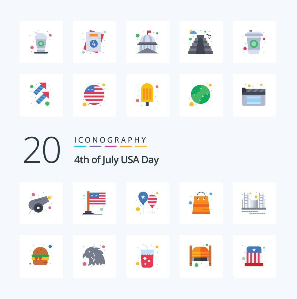 20 Estados Unidos plano color icono paquete me gusta puente paquetes globos dinero America bandera vector