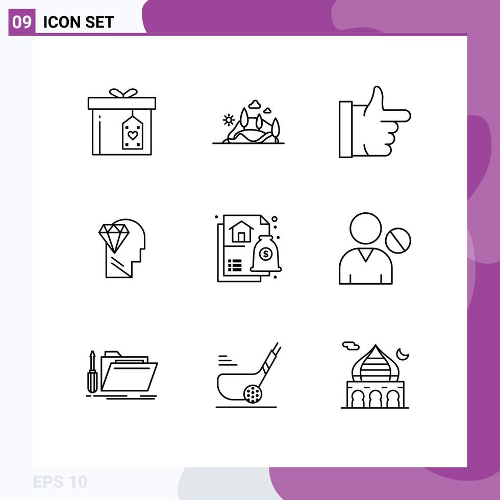 9 User Interface Outline Pack of modern Signs and Symbols of financial head tree diamond mind Editable Vector Design Elements