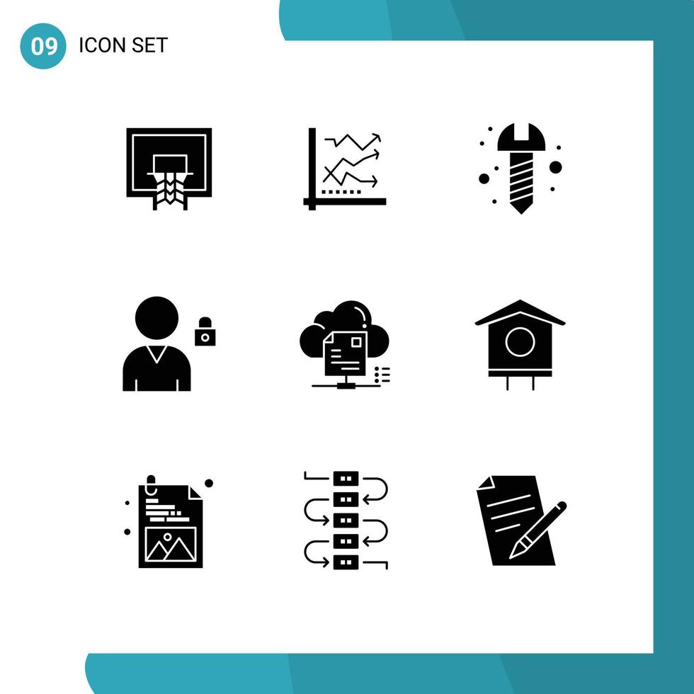 9 User Interface Solid Glyph Pack of modern Signs and Symbols of file lock analytics block hardware Editable Vector Design Elements