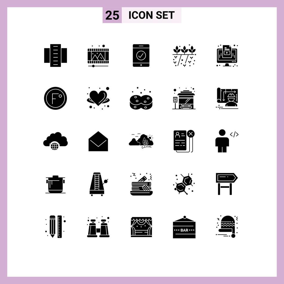 25 Universal Solid Glyph Signs Symbols of media computer reel plant grower Editable Vector Design Elements