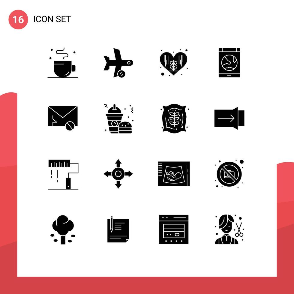 Pack of 16 Modern Solid Glyphs Signs and Symbols for Web Print Media such as envelope online transportation internet app Editable Vector Design Elements