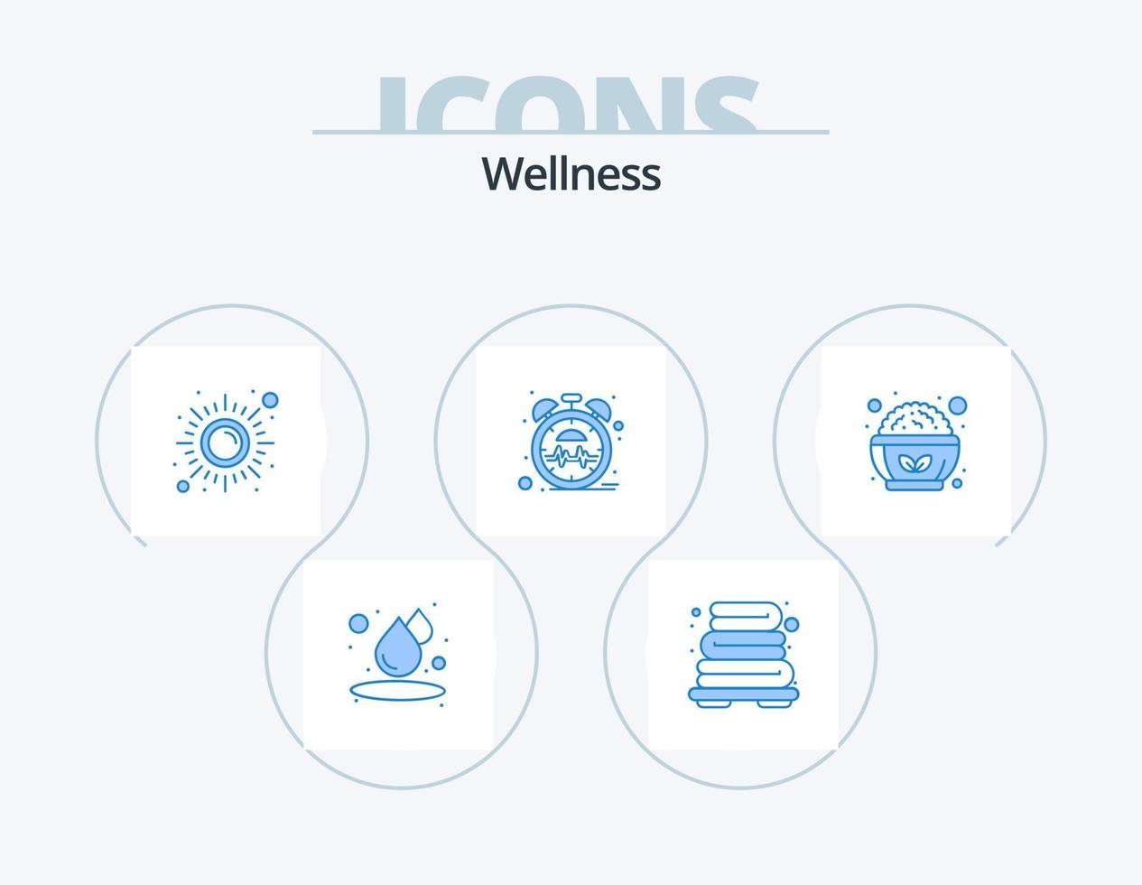 Wellness Blue Icon Pack 5 Icon Design. salad. food. meditation. time. heart vector