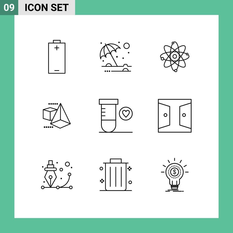 Mobile Interface Outline Set of 9 Pictograms of space heart atom triangle model Editable Vector Design Elements