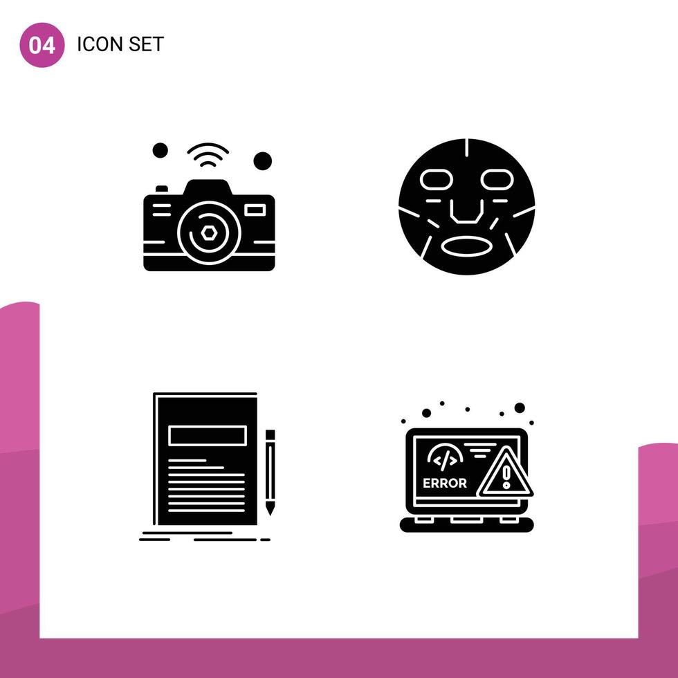 Solid Glyph Pack of 4 Universal Symbols of camera wellness internet of things cosmetics document Editable Vector Design Elements