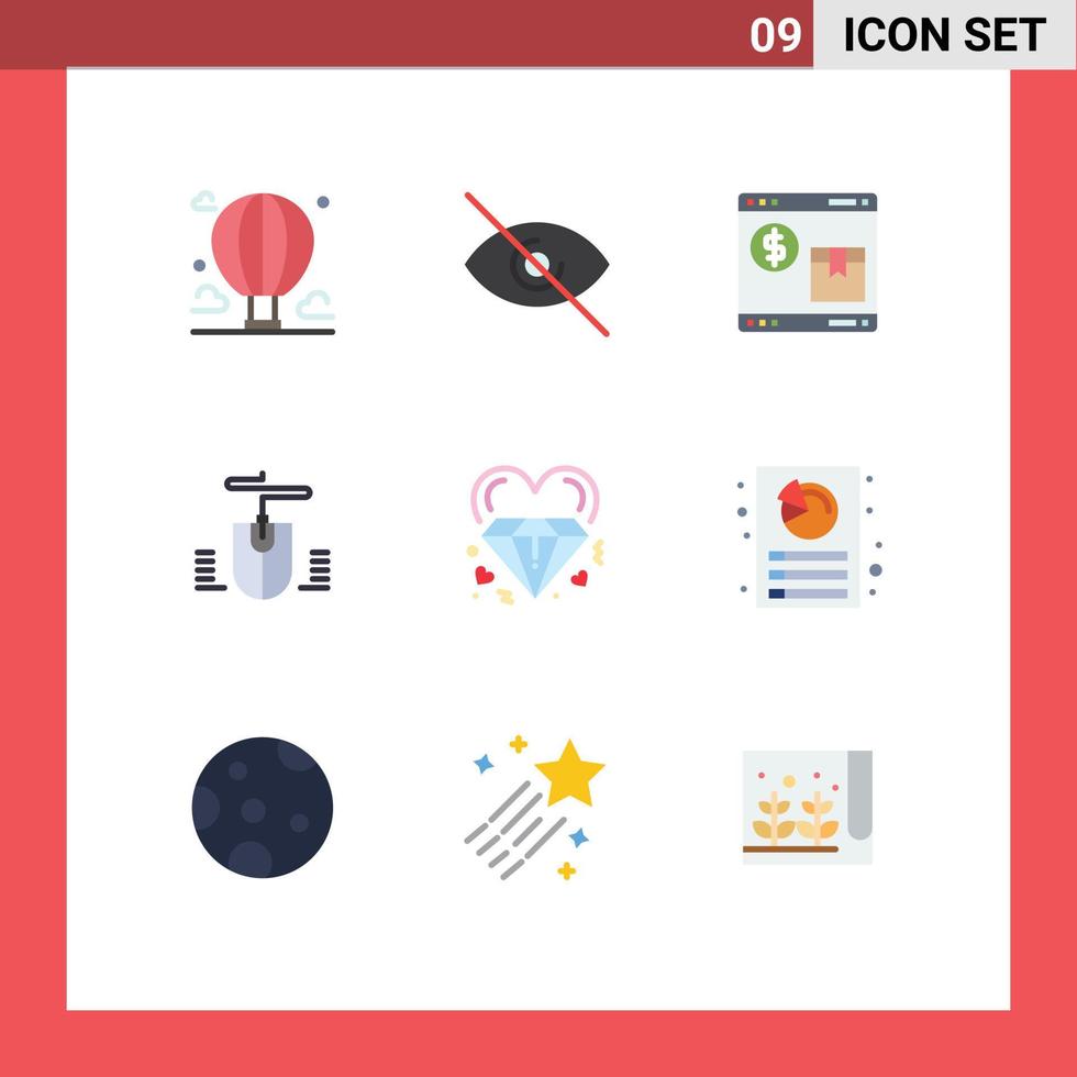 9 User Interface Flat Color Pack of modern Signs and Symbols of heart design internet computer web Editable Vector Design Elements