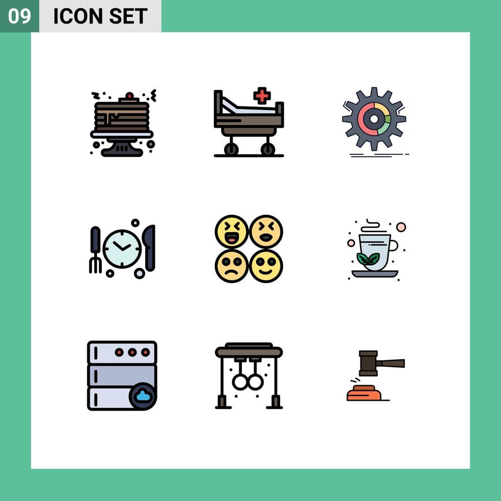 Mobile Interface Filledline Flat Color Set of 9 Pictograms of sad emojis data time medical Editable Vector Design Elements