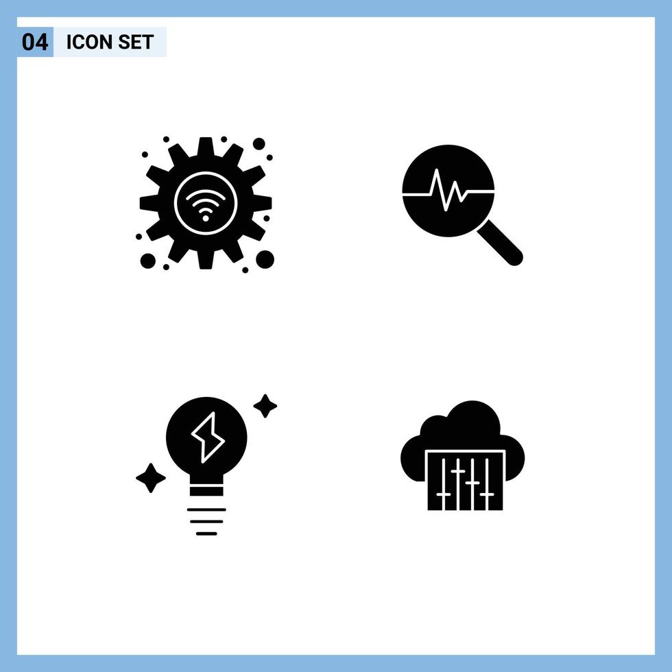 4 Thematic Vector Solid Glyphs and Editable Symbols of gear light wifi graph cloud Editable Vector Design Elements