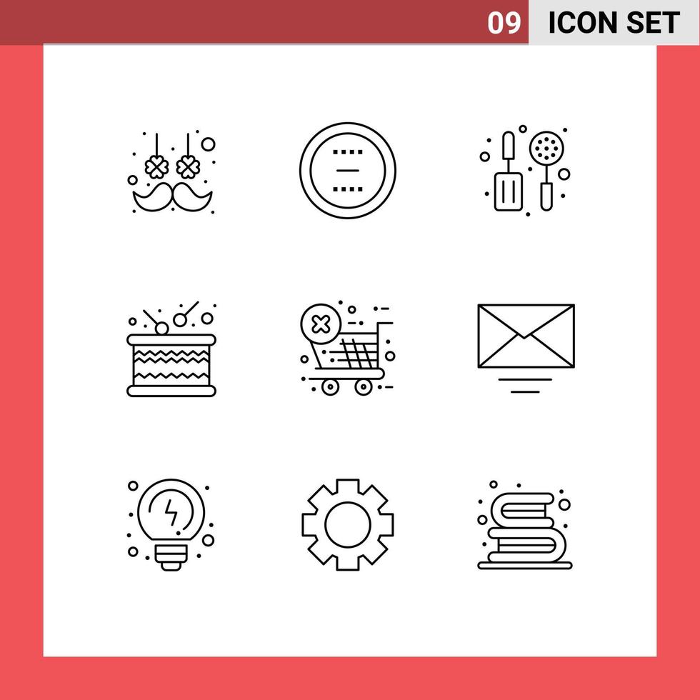 User Interface Pack of 9 Basic Outlines of ecommerce sound minus music drum Editable Vector Design Elements
