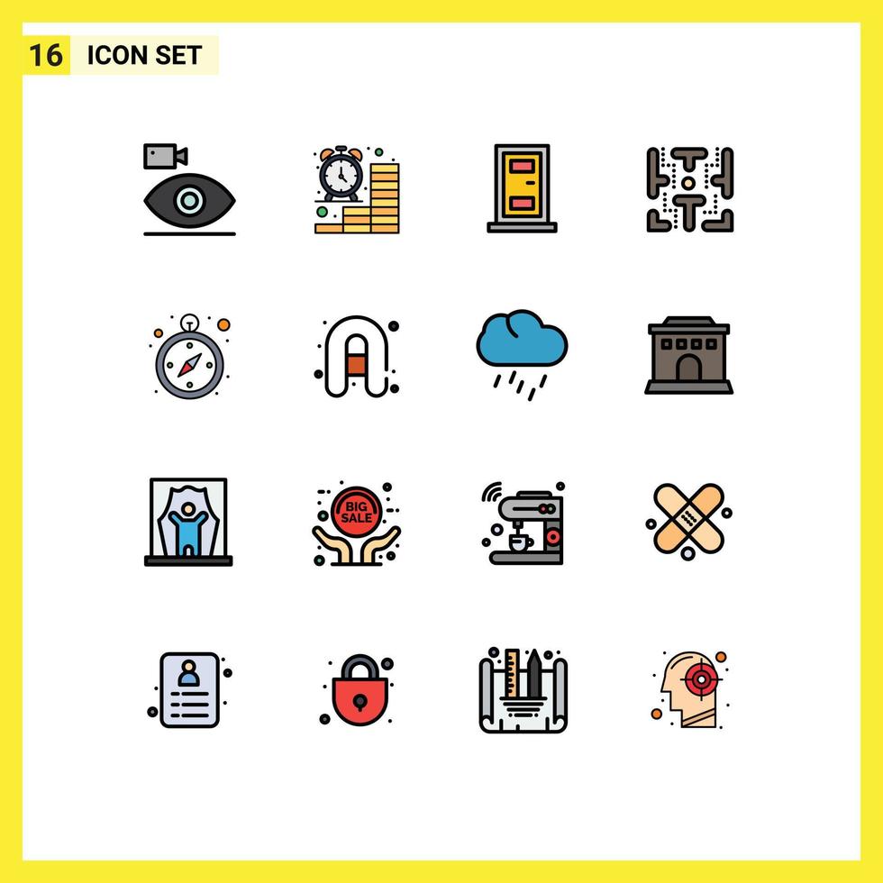 User Interface Pack of 16 Basic Flat Color Filled Lines of compass game finance fun house Editable Creative Vector Design Elements