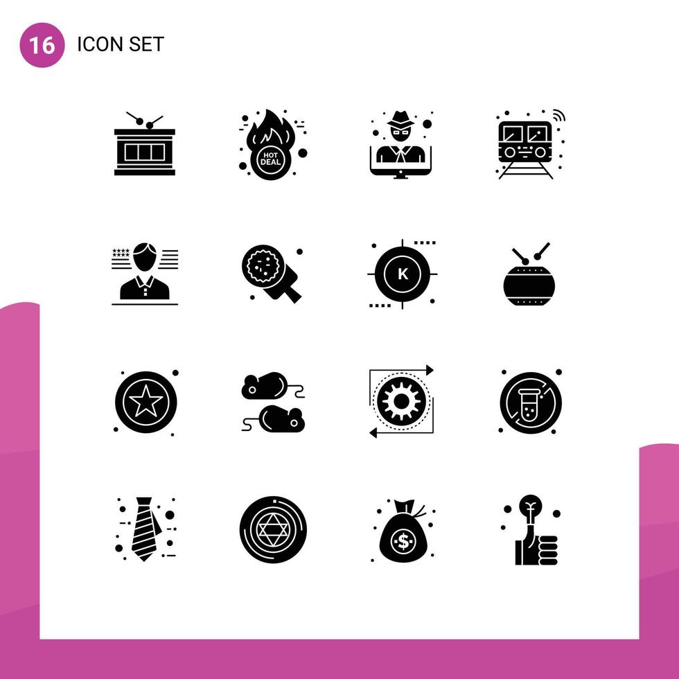 Modern Set of 16 Solid Glyphs Pictograph of man train hacker smart internet Editable Vector Design Elements