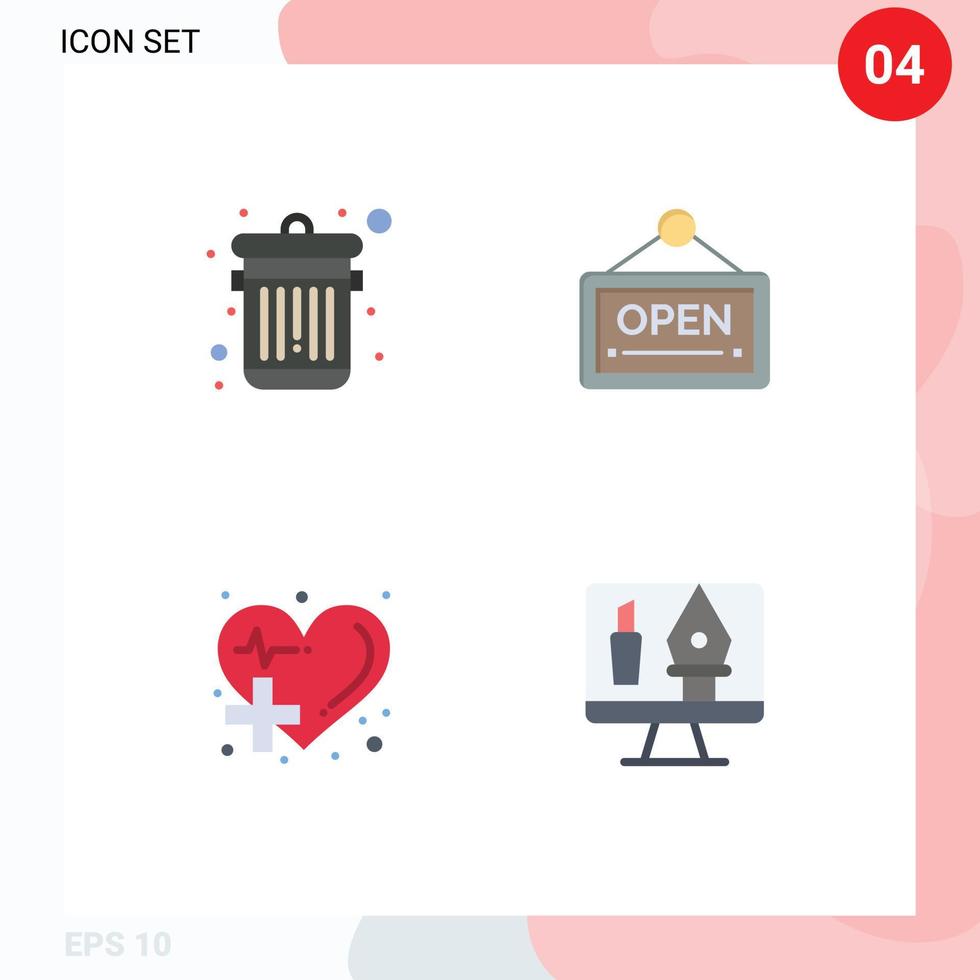 Set of 4 Commercial Flat Icons pack for delete health care open hotel heart Editable Vector Design Elements