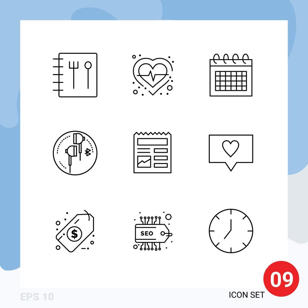 Set of 9 Commercial Outlines pack for ui document schedule music phone Editable Vector Design Elements