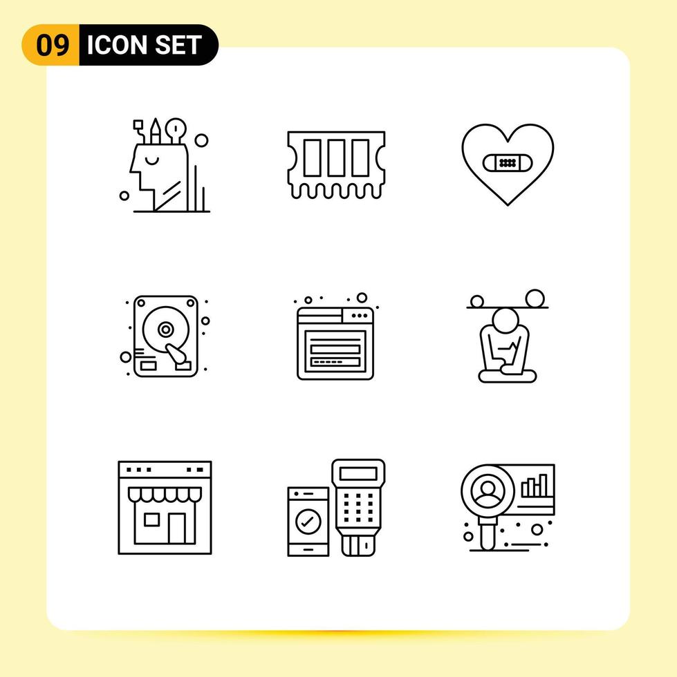Mobile Interface Outline Set of 9 Pictograms of login hard disk hurt drive like Editable Vector Design Elements