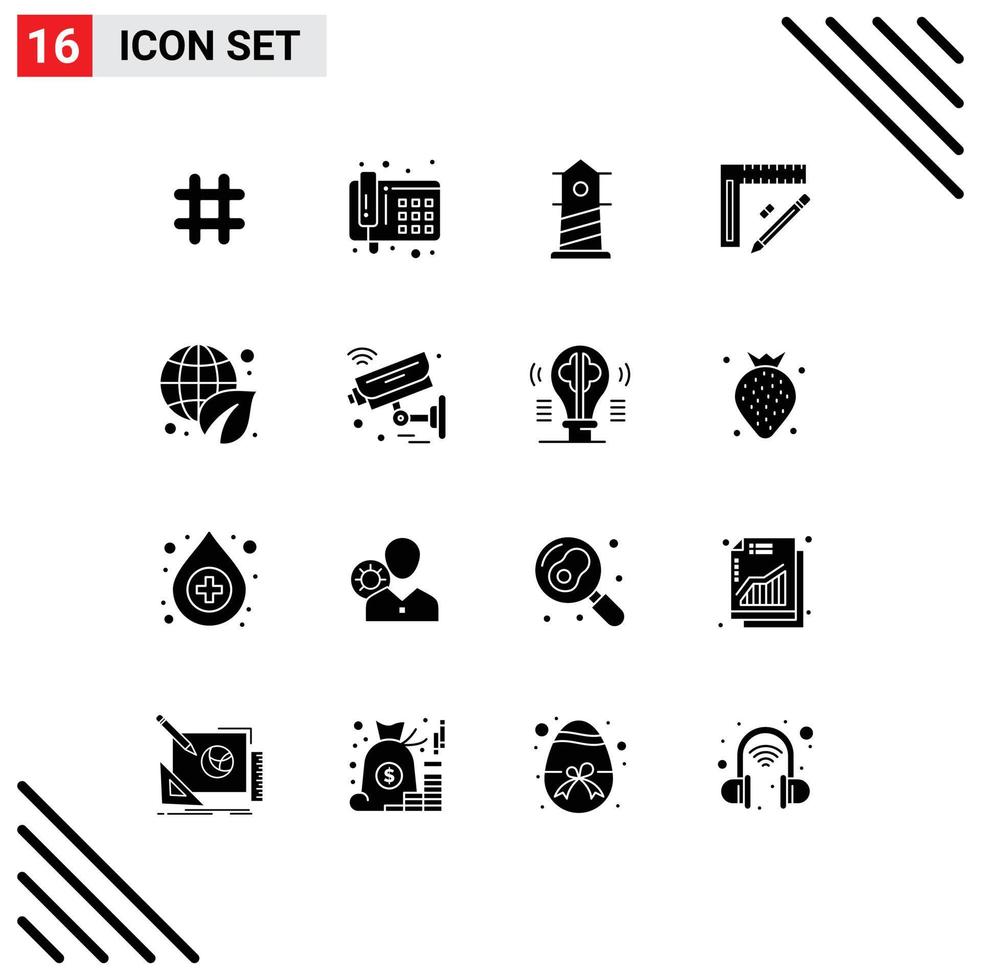 Modern Set of 16 Solid Glyphs and symbols such as environment earth day lighthouse design pencil Editable Vector Design Elements