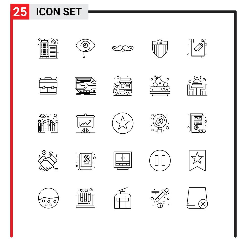 Group of 25 Modern Lines Set for attached document seurity moustache shield men Editable Vector Design Elements